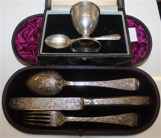 Silver christening set & egg cup & spoon